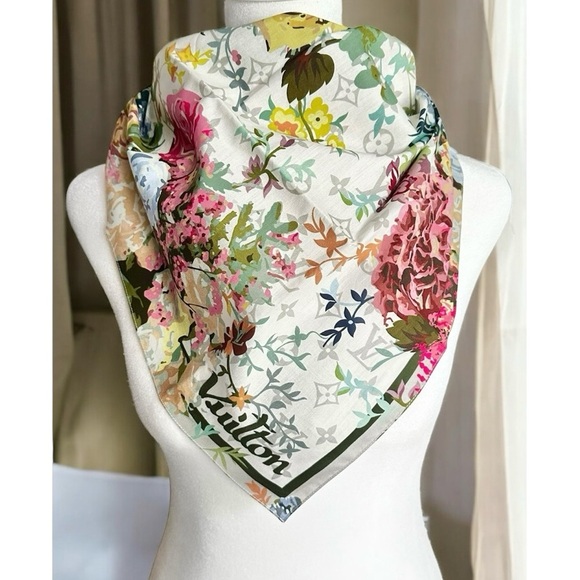Louis Vuitton Floral Multicolor Monogram Square Bandana Scarf - Picture 1 of 12
